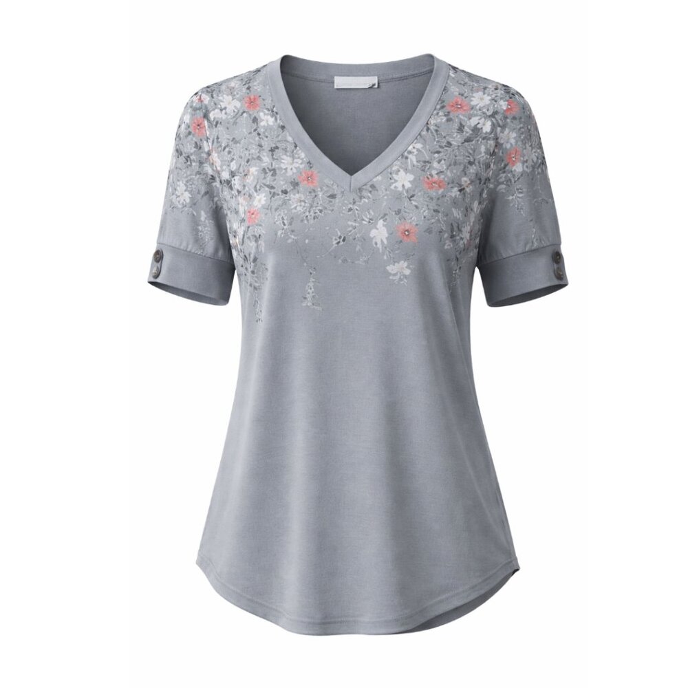 Women's Tops Short Sleeve Shirt, V Neck, Dressy Casual, GREY, Size 2XL - Picture 4 of 5